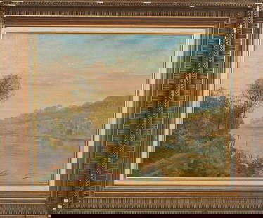 John Adamos Manol (Greek, b. 1900), "Landscape View with Woman Collecting Firewood," 20th c., H.- 15: John Adamos Manol (Greek, b. 1900), "Landscape View with Woman Collecting Firewood," 20th c., oil on board, signed lower right, presented in a gilt and gesso frame, H.- 15 1/4 in., W.- 19 1/4 in.,