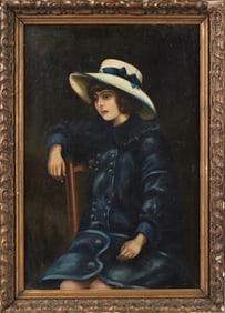 American School, "Portrait of a Girl in a Yellow Hat and Blue Coat," early 20th c., H.- 23 5/8 in.,