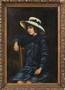 American School, "Portrait of a Girl in a Yellow Hat and Blue Coat," early 20th c., H.- 23 5/8 in.,: American School, "Portrait of a Girl in a Yellow Hat and Blue Coat," early 20th c., oil on canvas, presented in a period gilt and gesso frame, H.- 23 5/8 in., W.- 15 7/8 in., Framed- H.- 27 in., W.-