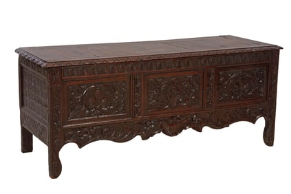 Large French Louis XV Style Provincial Well Carved Oak Coffer, 19th c., H.- 27 in., W.- 67 in., D.-
