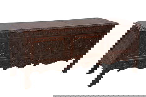 Large French Louis XV Style Provincial Well Carved Oak Coffer, 19th c., H.- 27 in., W.- 67 in., D.-: Large French Louis XV Style Provincial Well Carved Oak Coffer, 19th c., with a scalloped skirt, joined by cabriole legs, H.- 27 in., W.- 67 in., D.- 22 in.