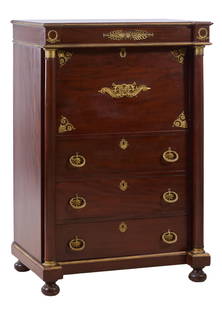 French Empire Style Ormolu Mounted Mahogany Secretaire a Abattant, 19th c., H.- 49 1/2 in., W.- 33: French Empire Style Ormolu Mounted Mahogany Secretaire a Abattant, 19th c., the flat moulded top over projected mounted frieze, fall front opens to reveal a fitted interior, three lower drawers