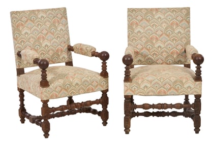 Pair of French Louis XIII Style Oak Armchairs, 19th c., Each- H.- 38 in., W.- 25 1/2 in., D.- 23 in.
