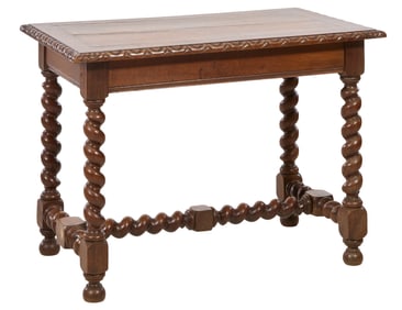 English Jacobean Style Carved Oak Side Table, early 20th c., H.- 30 in., W.- 41 in., D.- 25 1/2 in.