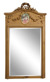 French Louis XVI Style Arched Gilt and Gesso Trumeau Mirror, 19th c., H.- 54 in., W.- 30 in., D.- 4