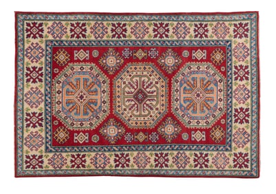 Uzbek Triple Medallion Kazak Carpet, 4' x 5' 7.