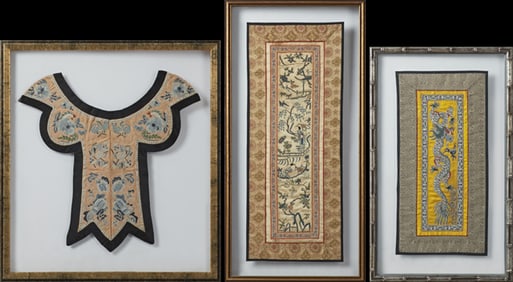 Three Chinese Embroidered Silk Panels, late 19th/early 20th c., Largest Figural- H.- 23 1/2 in., W.-