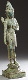 Indian Patinated Bronze Statue, 19th c., H.- 26 in., W.- 6 1/2 in., D.- 6 in.