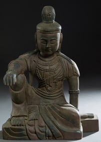 Chinese Carved Wood Seated Buddha, late 19th c., H.- 23 3/4 in., W.- 18 in., D.- 10 3/4 in.