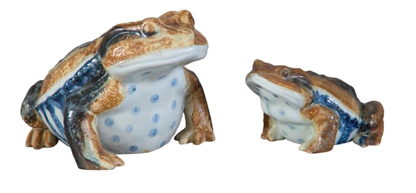 Pair of Japanese Porcelain Frogs, 20th c., Larger- H.- 4 3/4 in., W.- 5 in., D.- 7 3/4 in. (2 Pcs.)