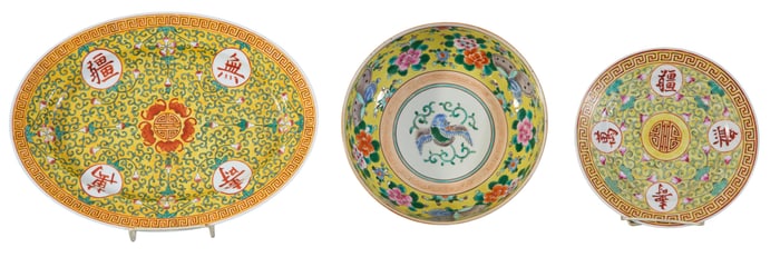Group of Three Chinese Yellow Porcelain Items, 19th/20th c., Platter- H.- 1 1/2 in., W.- 13 1/8 in.,