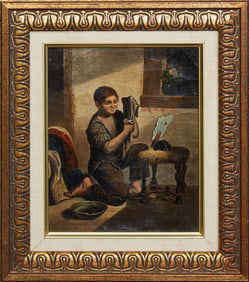 Continental School, "Young Man Washing His Hair," 19th c., H.- 7 5/8 in., W.- 6 3/16 in., Framed-