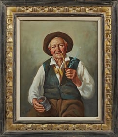 A. Borghi, "Peasant with Pipe and Glass," 20th c., H.- 19 1/2 in., W.- 15 1/2 in., Framed- H.- 27