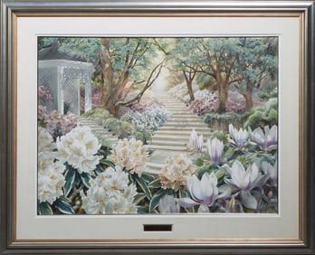 Daryl Trott (Australian, 1902-2004), "Peaceful Garden," 1986, H.- 37 1/4 in., W.- 51 1/2 in.,