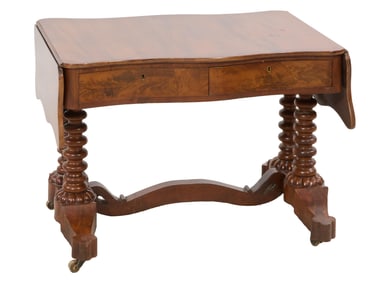 Rare English Carved Walnut Drop Leaf Low Table, mid 19th c., Open- H.- 23 1/4 in., W.- 51 in., D.-