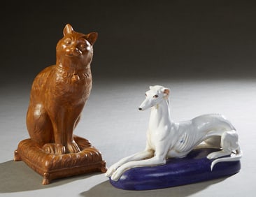 Two Italian Glazed Terracotta Figures, 20th c., Dog- H.- 9 3/4 in., W.- 15 1/4 in., D.- 5 1/2 in.;
