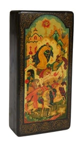 Russian Black Lacquer Dresser Box, 20th c., H.- 1 1/2 in., W.- 6 1/2 in., D.- 3 1/8 in.