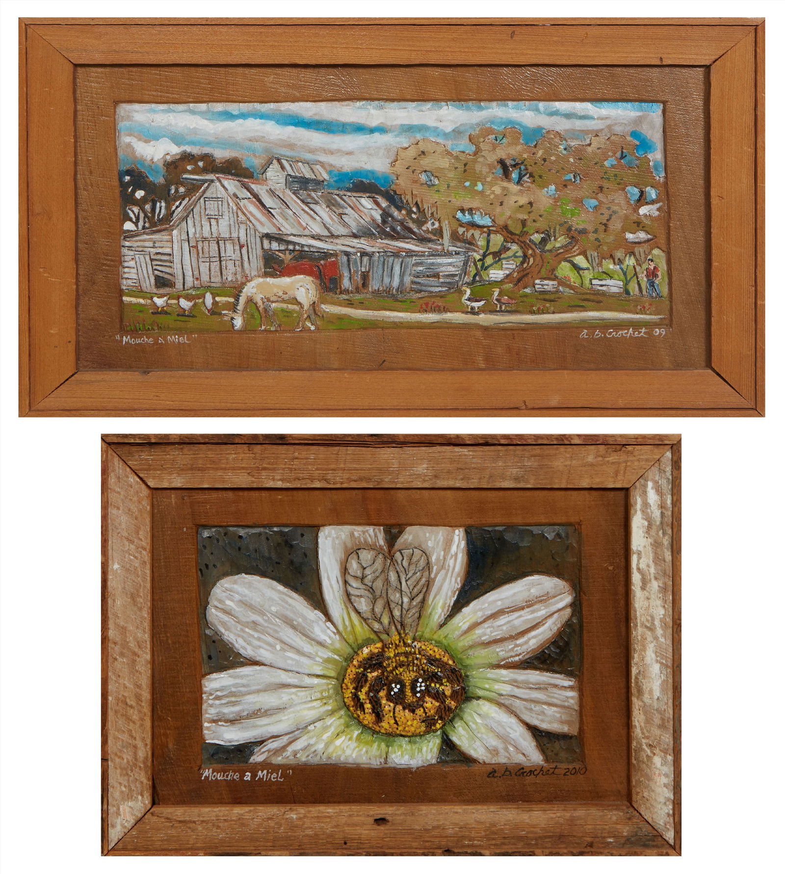 A. B. Crochet (American/Louisiana, 20th/21st Century), Pair of Louisiana Wood Carvings, Smaller- H.-: A. B. Crochet (American/Louisiana, 20th/21st Century), Pair of Louisiana Wood Carvings, comprising: "Mouche a Miel (Honey Bee)," 2010, together with "Mouche a Miel (Farm Scene)," 2009, hand carved and
