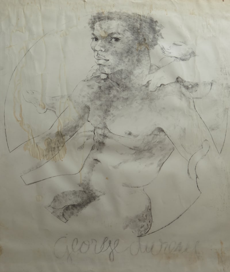 George Valentine Dureau (1930-2014, New Orleans), "Portrait of a Nude Afro-American Male with a: George Valentine Dureau (1930-2014, New Orleans), "Portrait of a Nude Afro-American Male with a Putto Behind Him," 20th c., charcoal, signed lower center, shrink wrapped, H.- 40 in., W.- 30 in.