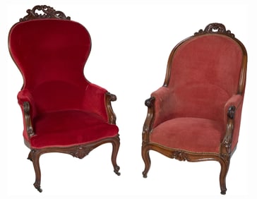 Two French Louis XV Style Carved Walnut Bergeres, late 19th c., Taller- 47 1/2 in., W.- 26 1/2 in.,