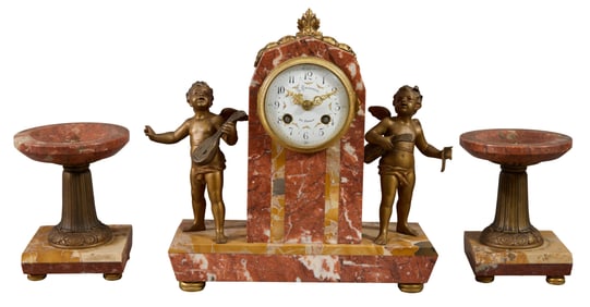 French Three Piece Inlaid Figured Rouge Marble Figural Clock Set, early 20th c., Clock- H.- 11 1/2
