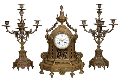 French Napoleon III Three Piece Patinated Bronze Clock Set, late 19th c., Clock- H.- 19 1/2 in., W.-