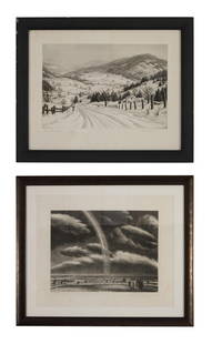 Two Mid-Century Views of the American Countryside, 20th c., Catskills- Sight- H.- 13 in., W.- 16 1/2: Two Mid-Century Views of the American Countryside, 20th c., including Ronau William Woiceske (American/New York, 1887-1953), "Snow in the Catskills," etching on paper, pencil signed, titled and number