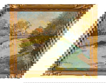 Dutch School, "Riverscape with Wooded Paths, Village and Windmill," 20th c., H.- 10 1/4 in., W.- 12