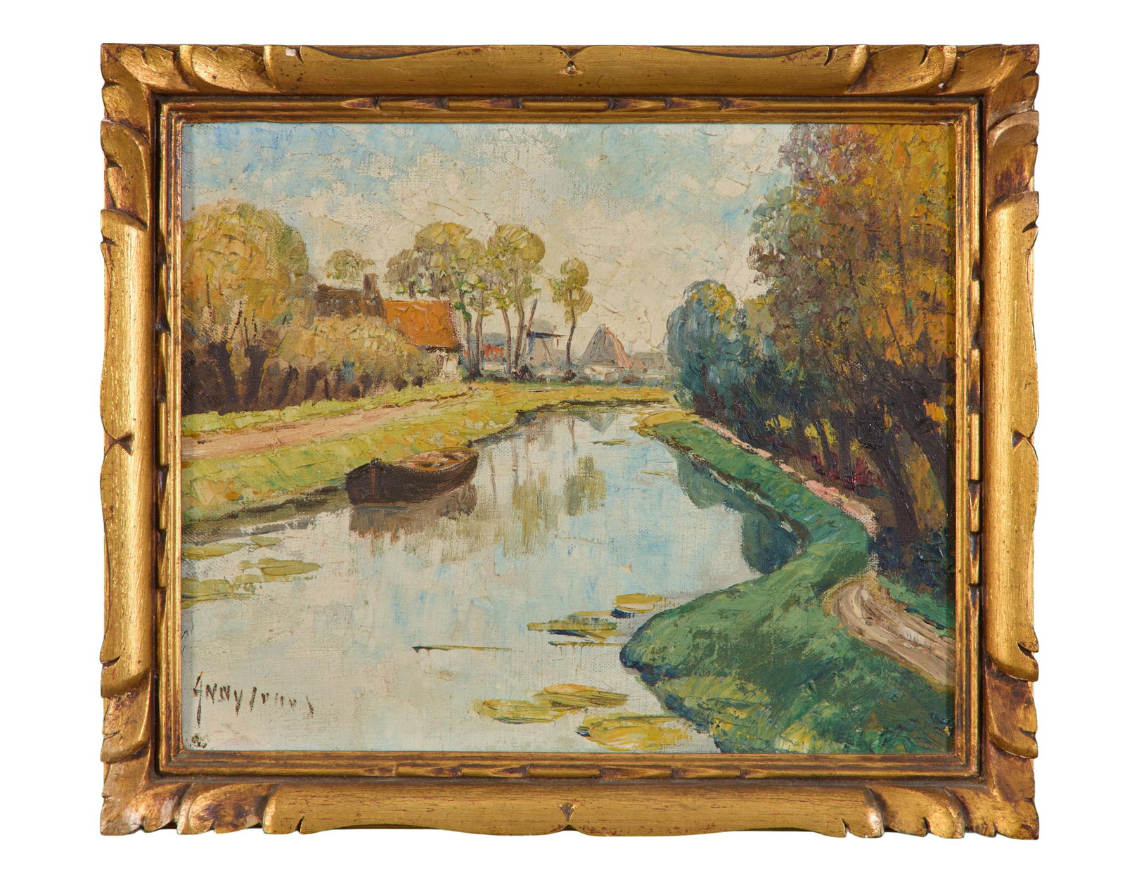 Dutch School, "Riverscape with Wooded Paths, Village and Windmill," 20th c., H.- 10 1/4 in., W.- 12 (1 of 2)
