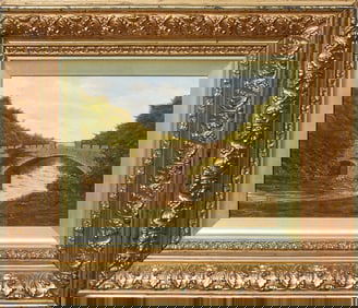 Continental School, "Stone Bridge Over River," 20th c., H.- 7 1/2 in., W.- 9 3/4 in., Framed- H.- 15
