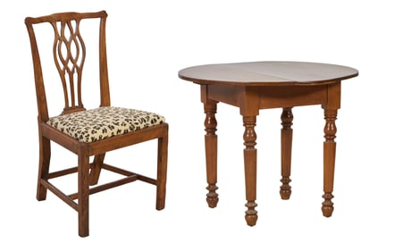 English Elm Chippendale Side Chair with English Walnut Side Table, early 19th c., Chair- H.- 37 in.,