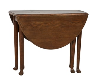 English Georgian Oak Drop Leaf Table, 20th c., Open- H.- 28 1/2 in., W.- 47 1/2 in., D.- 36 in.,