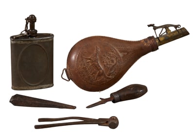 Group of Five Shooting Accessories, 19th/20th c., Shot Flask- H.- 8 3/4 in., W.- 3 3/4 in., D.- 1