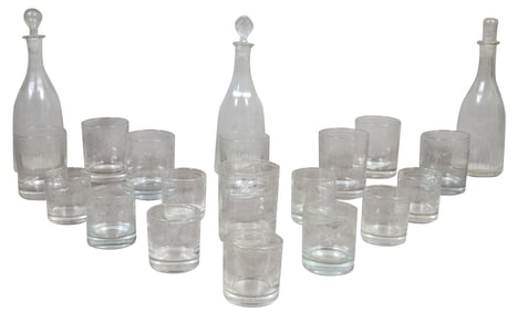 Twenty Pieces of Antique Etched Flint Glass, early 19th c., Decanters- H.- 10 1/4 in., Dia.- 3 3/4