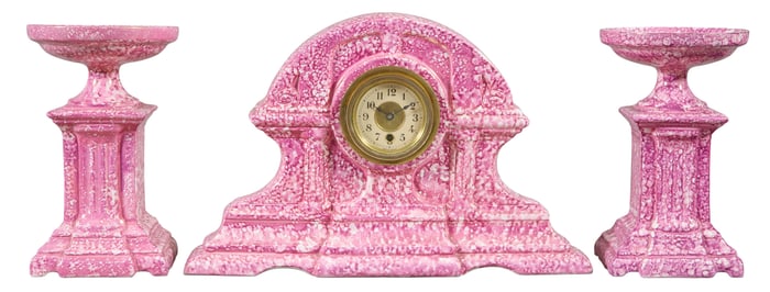 Unusual French Art Nouveau Three Piece Speckled Purple Ceramic Clock Set, c. 1900, Clock- H.- 11 1/4