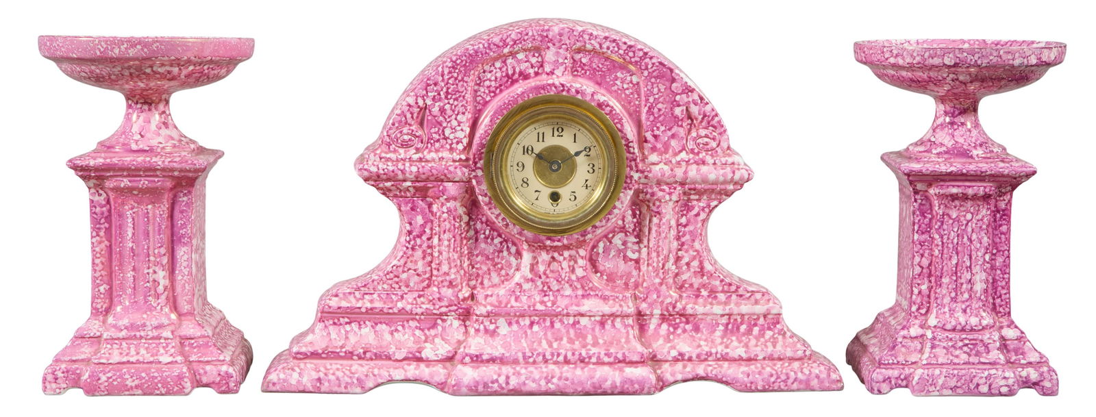 Unusual French Art Nouveau Three Piece Speckled Purple Ceramic Clock Set, c. 1900, Clock- H.- 11 1/4 (1 of 2)