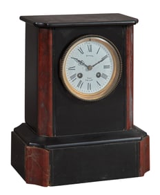 French Napoleon III Two Tone Marble Mantel Clock, late 19th c., H.- 11 1/2 in., W.- 10 in., D.- 5