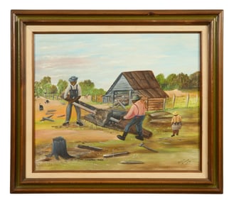 Billie Stroud (American/Louisiana, 1919-1910), "Sawing Wood," 1979, H.- 20 in., W.- 24 in., Framed
