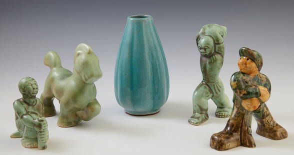 Group of Five Pieces of Shearwater Pottery, 20th c., Vase- H.- 5 7/8 in., Dia.- 3 3/8 in. (5 Pcs.): Group of Five Pieces of Shearwater Pottery, 20th c., consisting of a tapered ribbed vase, a trotting horse, a hunter, and two figures representing the John Henry myth, Vase- H.- 5 7/8 in., Dia.- 3 3/8