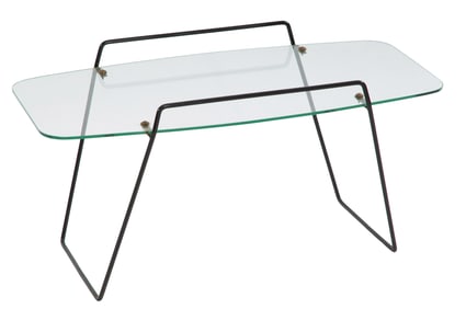 French Mid Century Modern Glass and Iron Coffee Table, mid 20th c., H.- 18 in., W.- 35 1/2 in., D.-