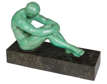 Spelter Nude Male, early 20th c., H.- 5 1/2 in., W.- 7 1/2 in., D.- 2 1/2 in.