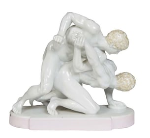Kister Porcelain Figural Group of Two Classical Male Wrestlers, 20th c., H.- 7 in., W.- 7 5/8 in.,