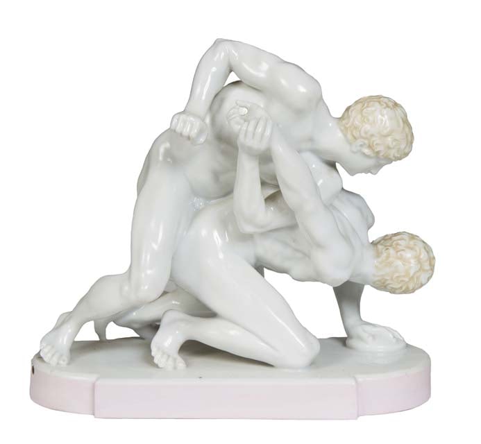 Kister Porcelain Figural Group of Two Classical Male Wrestlers, 20th c., H.- 7 in., W.- 7 5/8 in., (1 of 3)
