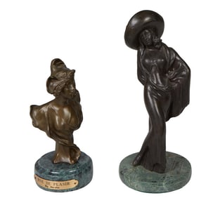 Two Patinated Cabinet Bronze Statues of Women, 20th c., Shorter- H.- 7 1/4 in., Dia.- 3 1/4 in.;