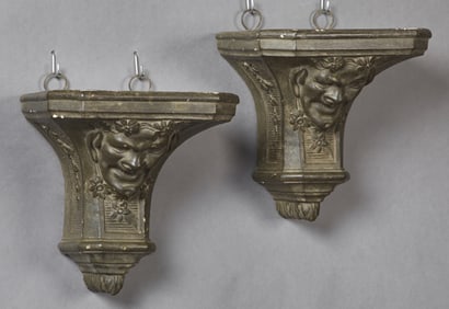 Pair of French Henri II Style Plaster Wall Brackets, late 19th c., Each- H.- 11 1/2 in., W.- 11 in.,