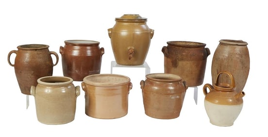 Group of Ten Pieces of French Provincial Earthenware, late 19th c., Water Dispenser- H.- 11 1/2 in.,