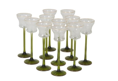 Set of Eleven Etched Crystal Long Stem Wine Glasses, 20th c., Each- H.- 8 in., Dia.- 3 in. (11 Pcs.)