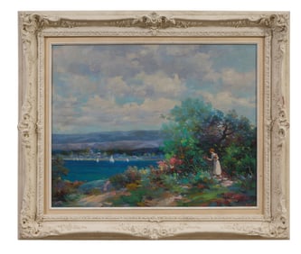 Lotte, "Picking Flowers by the Bay," 20th c., H.- 23 1/4 in., W.- 29 1/4 in., Framed- H.- 33 in.,