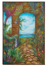 L. Felix (Continental School, 20th/21st Century), "View of the Sea from a Garden Terrace/Oasis,"