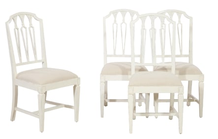 Four Hepplewhite Style Polychromed Dining Chairs, 21st c., Each- H.- 41 in., W.- 19 3/4 in., D.- 19